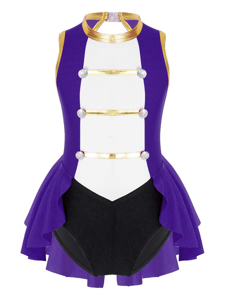 Girls Flag Raiser Performance Costume: Round Neck Cutout Back Sleeveless Leotard & Matching Feather Hat for Cosplay Dress Up