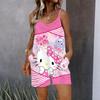 Womens Sleeveless Spaghetti Strap Romper Cartoon Cat Print Pocket Short Jumpsuit