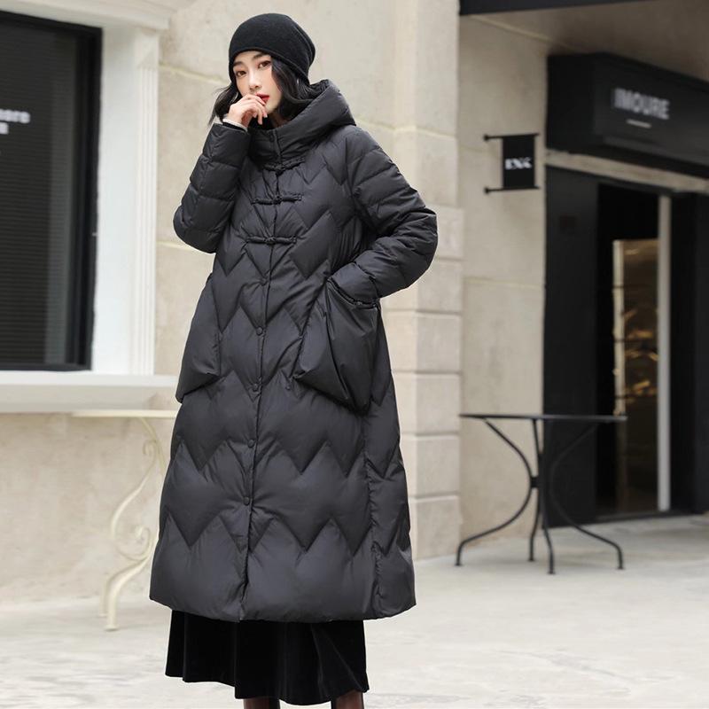 

Жіноча куртка на ґудзиках середньої довжини 2025 зима нова куртка-кокон для маминої моделі потовщена, дизайн до коліна відчувається трендовим L чорний