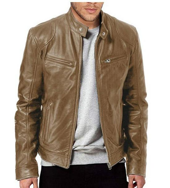 Men's European & American Stand-up Collar Punk Motorcycle Leather Jacket with Logo