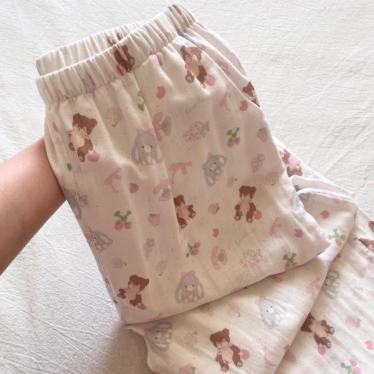 Japanese girl cartoon strawberry teddy bear pajamas women's summer short-sleeved shorts cardigan set loungewear two-piece set