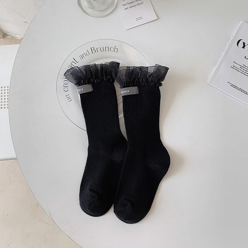 

Socks Middle Tube Spring And Autumn Big Lace Cute Trendy Internet Celebrity Cloth Label Sweet White Soft Girl Cotton Socks One size fits all
