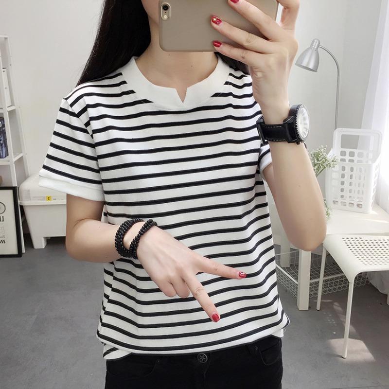 Summer Women's Loose Cotton Short-sleeved T-shirt Striped Half-sleeved Commuter Top