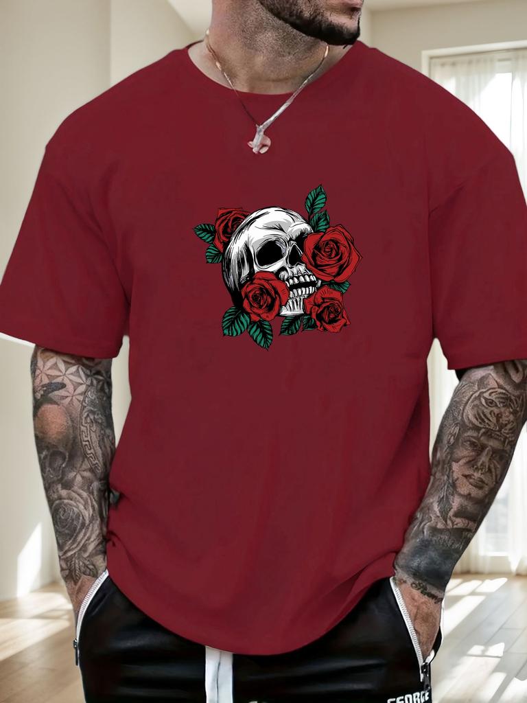 Mens Casual Tshirt Skull Rose Print Short Sleeve Round Neck Breathable Soft Oversized Edgy Daily Wear Tee