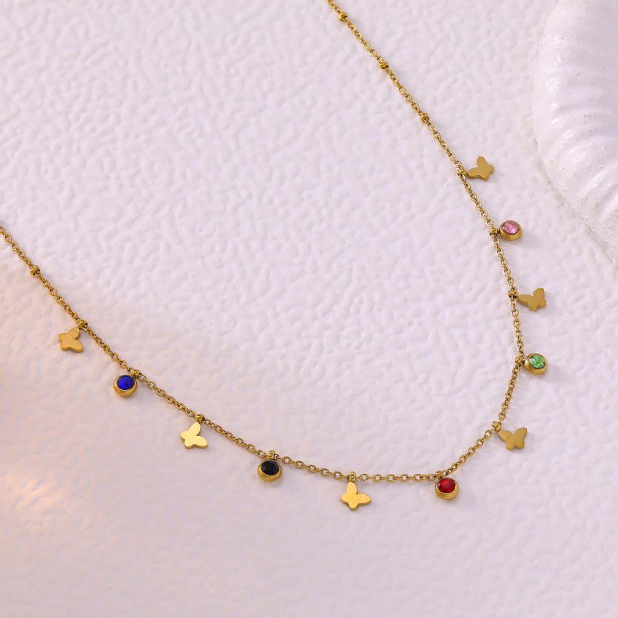 Korean Style Butterfly Pendant Necklace with Colorful Cubic Zirconia - High-End Luxury Feel in Stainless Steel