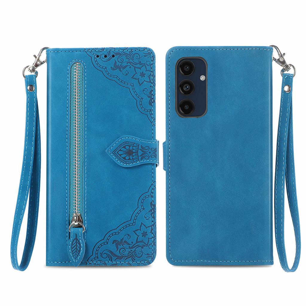 For Samsung Galaxy A16 5G/A16 4G Zipper Wallet Case with Strap Flower Imprint PU Leather Phone Cover