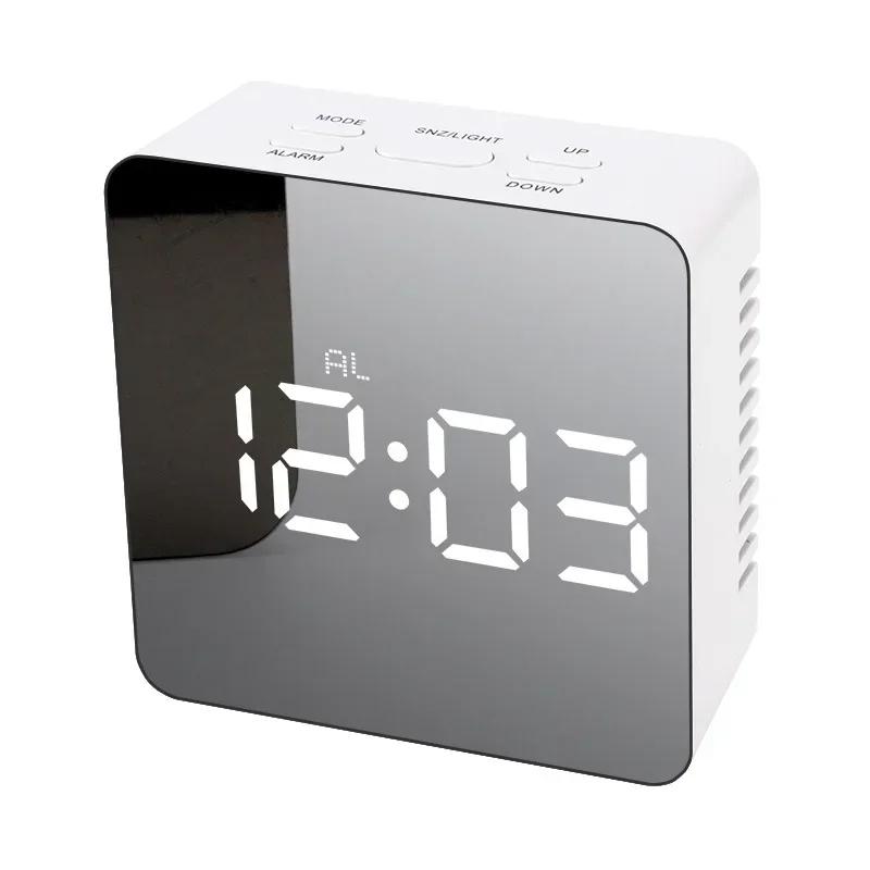 Snooze Mirror Digital Alarm Clock LED Night Lights Thermometer Wall Clocks Lamp Square Rectangle Multi-function Table Watch USB