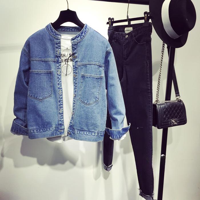 Denim Jacket Women's Loose Autumn Retro Stand-up Collar Big Pocket Student Korean Short Denim Jacket