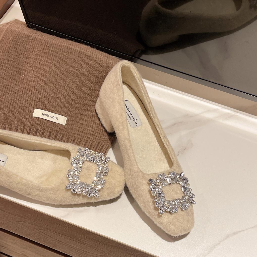 Xiaoxiangfeng thick heel square head rhinestone high-end single shoes women's shoes 2025 spring new high heels temperament commuter shoes