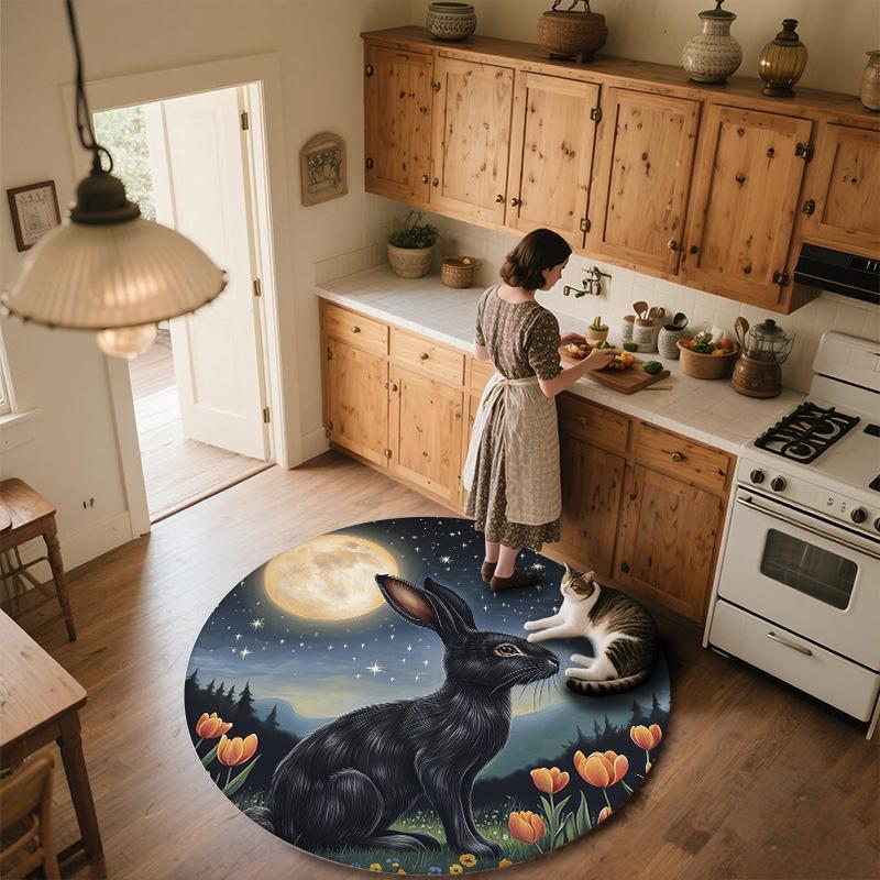 Rabbits in Flower Bush,Round Area Rug,Carpet Rug for Living Room Bedroom Sofa Playroom Decor,Non-slip Floor Mat
