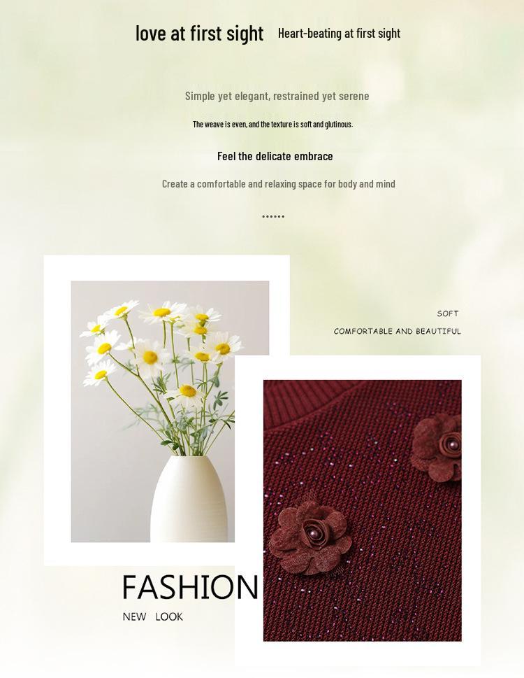 Mom's Gauze Sleeve Long-Sleeve Knit Top for Middle-aged Women - Lightweight Spring/Autumn Wear