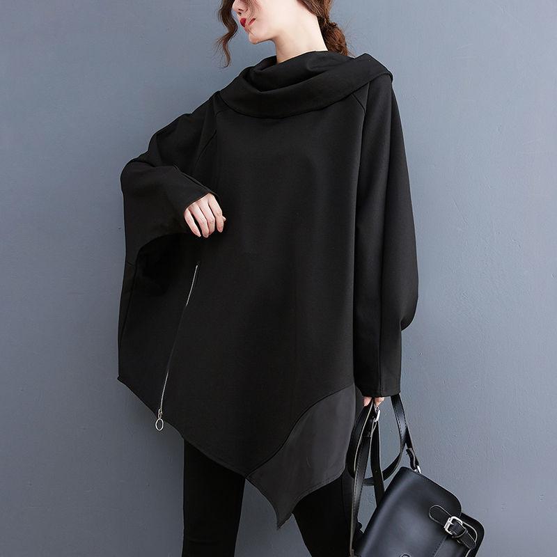 Plus Size Women Loose Black Zipper Irregular Casual Sweatshirt Long Sleeve Big Size Oversized Spring Autumn Hoodie