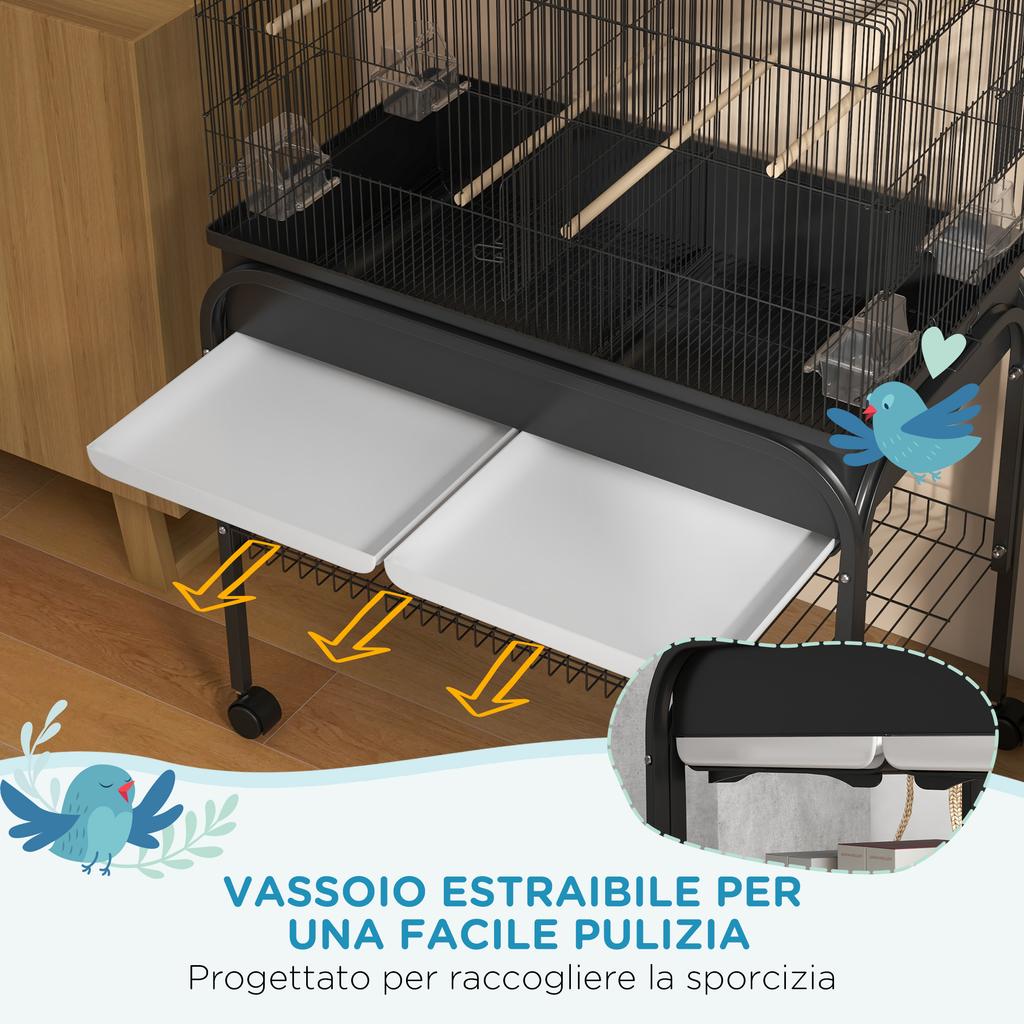 Indoor Bird Cage with Tray, Shelf and Wheels with Brakes, 85x49x119 Cm, Black
