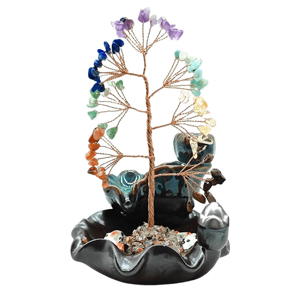 7 Chakra Baum Geldbaum Aschenbecher Heimdeko Wasserfall Brenner mit Heilkristallstein Feng Shui Dekoration für Wohlstand Glück