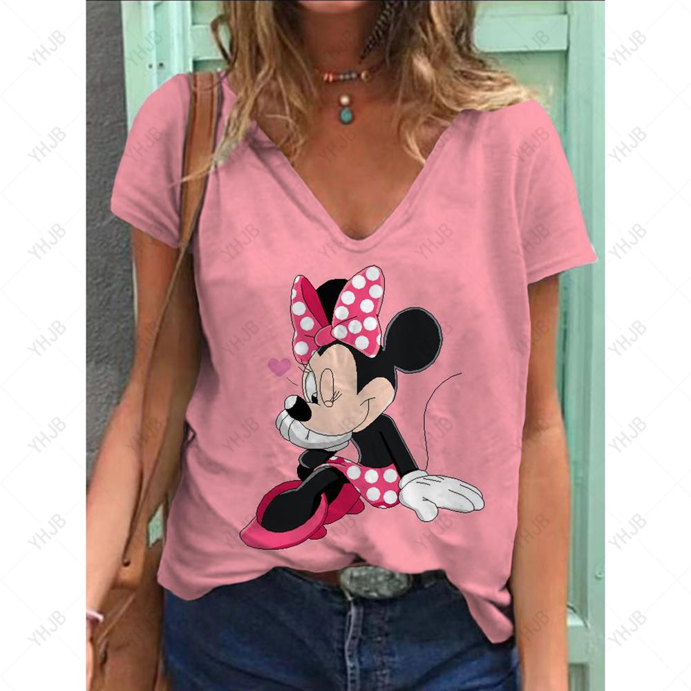 Sommer Ny Mote Dame V-hals Topp Kort Ermet T-skjorte Disney Mikke Mus Trykk Casual Gate Allsidighet Y2K Oversize-5XL