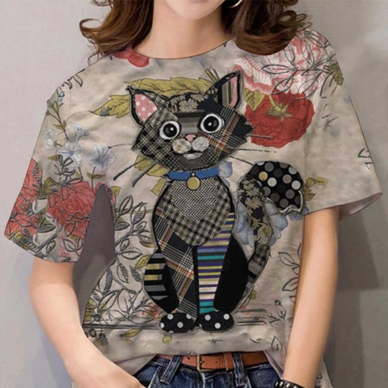 Sommer Casual Damen Top 3D Digital Tierdruck Kurzarm Rundhals T-Shirt Katze
