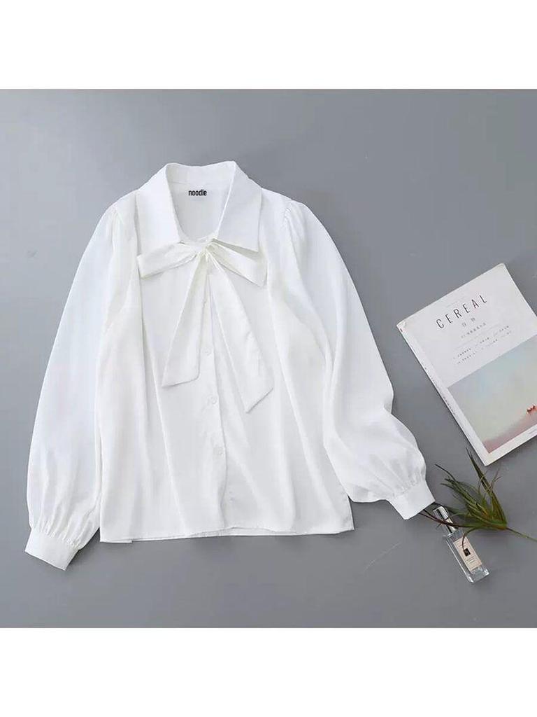 Women's Chic White High-End French Lace-Up Bow Shirt – Stylish New Long-Sleeve Design