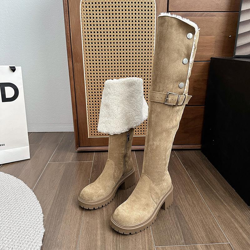Winter velvet thin elastic boots women's 2024 new retro thick heel thick bottom side zipper fashion boots knight boots tide