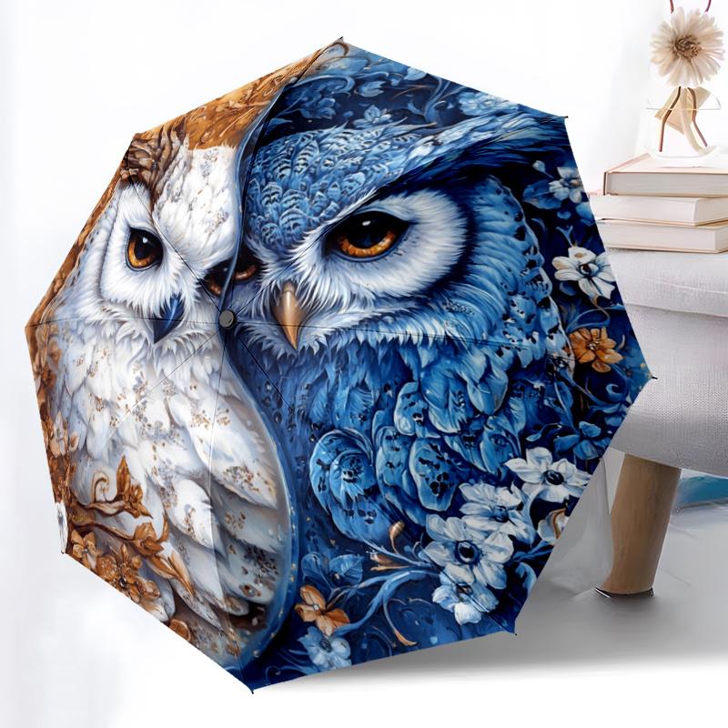 1pc Automatic Open/Close Umbrella with Yin Yang Owls - Blue & White Floral pattern, Auto Folding Compact Travel Umbrella, Wind