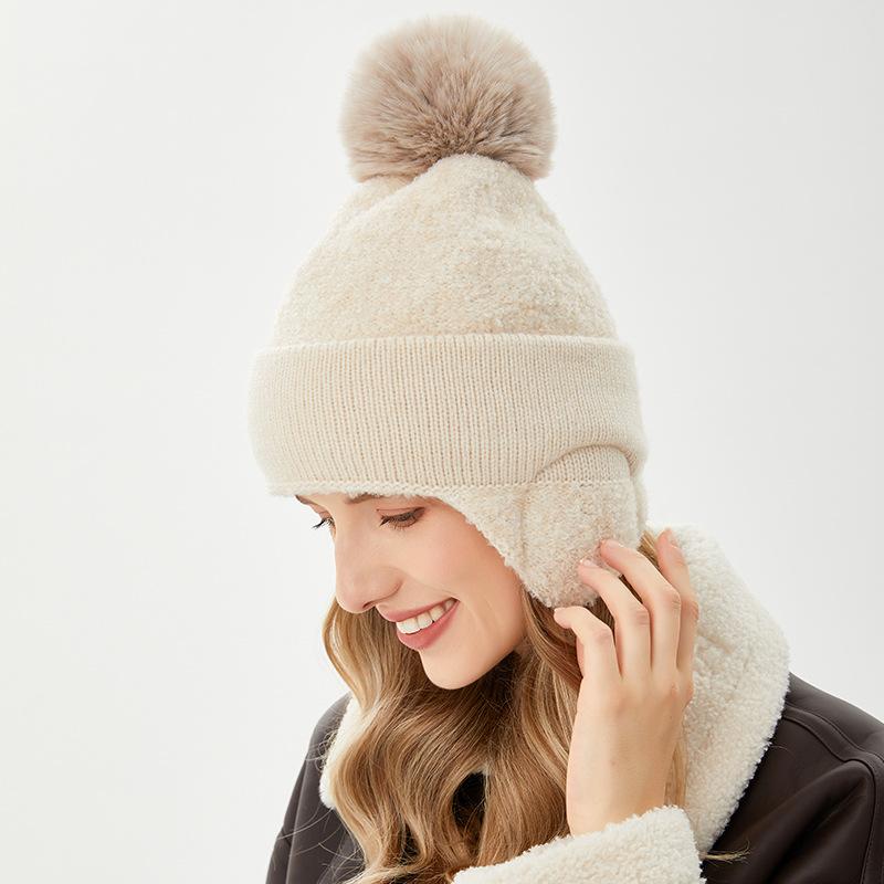Winter Women's Warm Velvet Ear Protection Hat Solid Color Versatile Wool Ball Hoop Yarn Woolen Hat Outdoor Cold Proof Cycling Hat Trendy