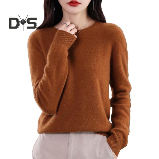 Women Bottoming Sweater Imitation Cashmere Crew Neck Sweater Long Sleeve Solid Color Slim Fit Ribbed Trim Knitting Tops