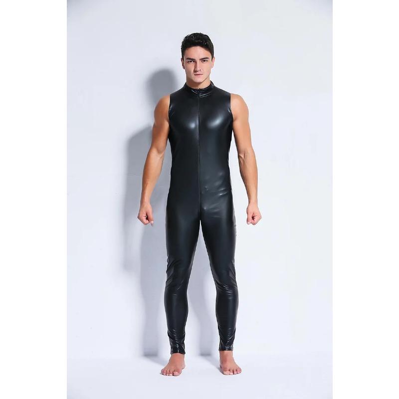 Sexy Men Shiny Pu Faux Leather Catsuit Jumpsuit Nightclub Erotic Lingerie Wetlook Latex Zentai Jumpsuit Costume