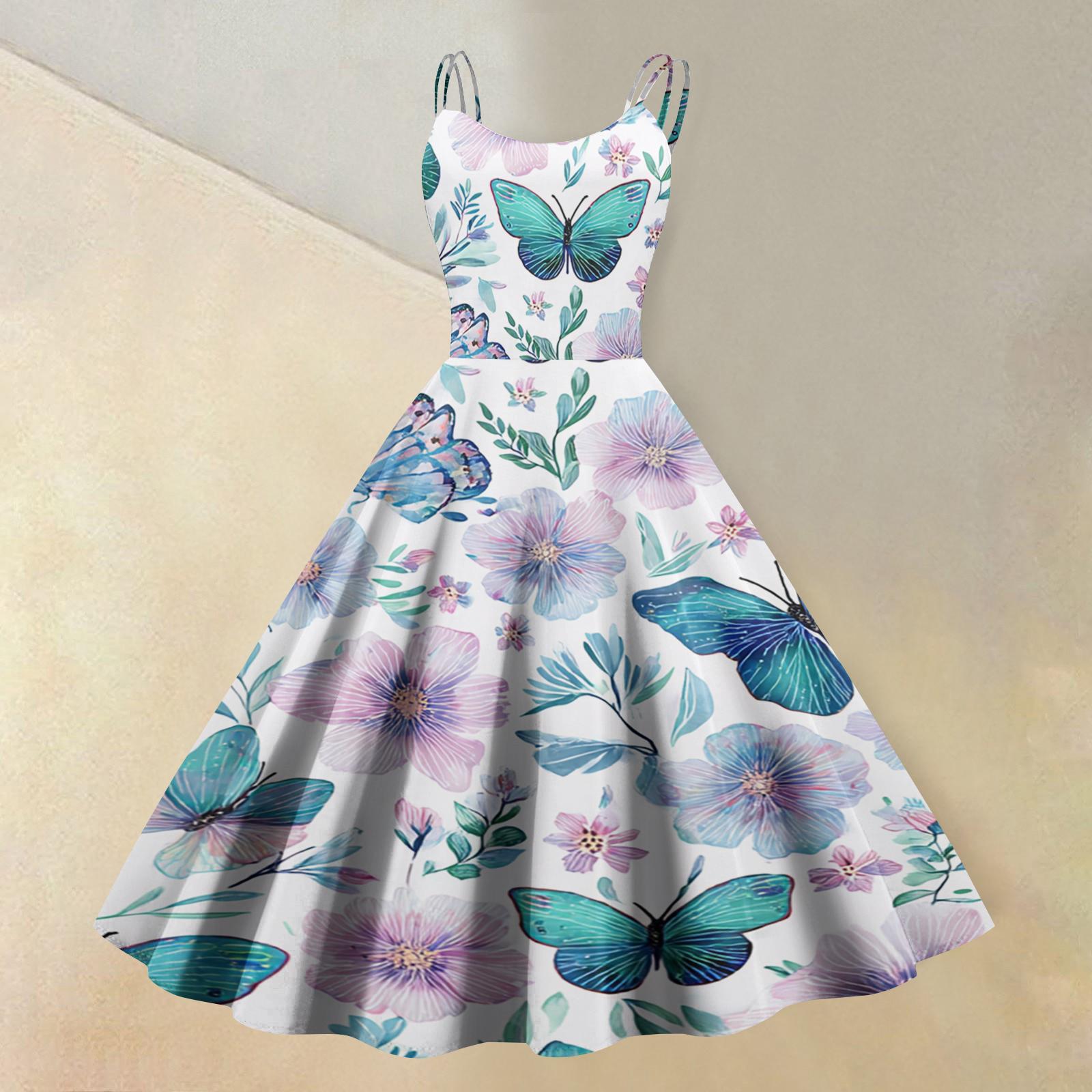 

Women s fashionable casual floral print round neck sleeveless dress XL синій