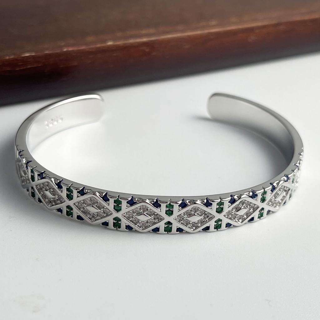 100% Solid 925 Sterling Silver Retro Bracelet for Women Men Vintage Handmade Wide Blue CZ Simple Bracelet Birthday Gift