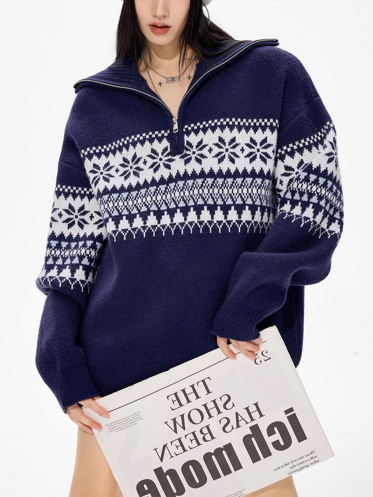 Unisex Röd Retro Fair Isle Halvdragkedja Hög Halsstickad Tröja