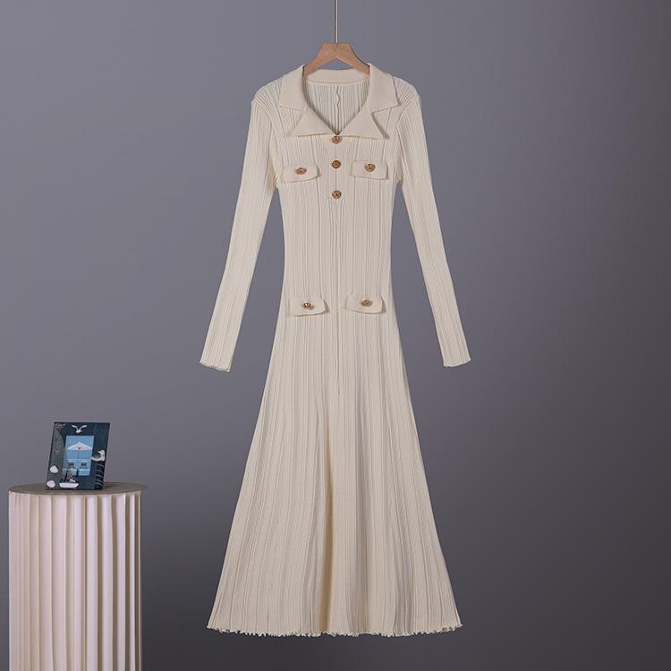 POLO neck knitted big swing skirt, European and American slim-fitting waist medium and long skirt women's knitted dress women