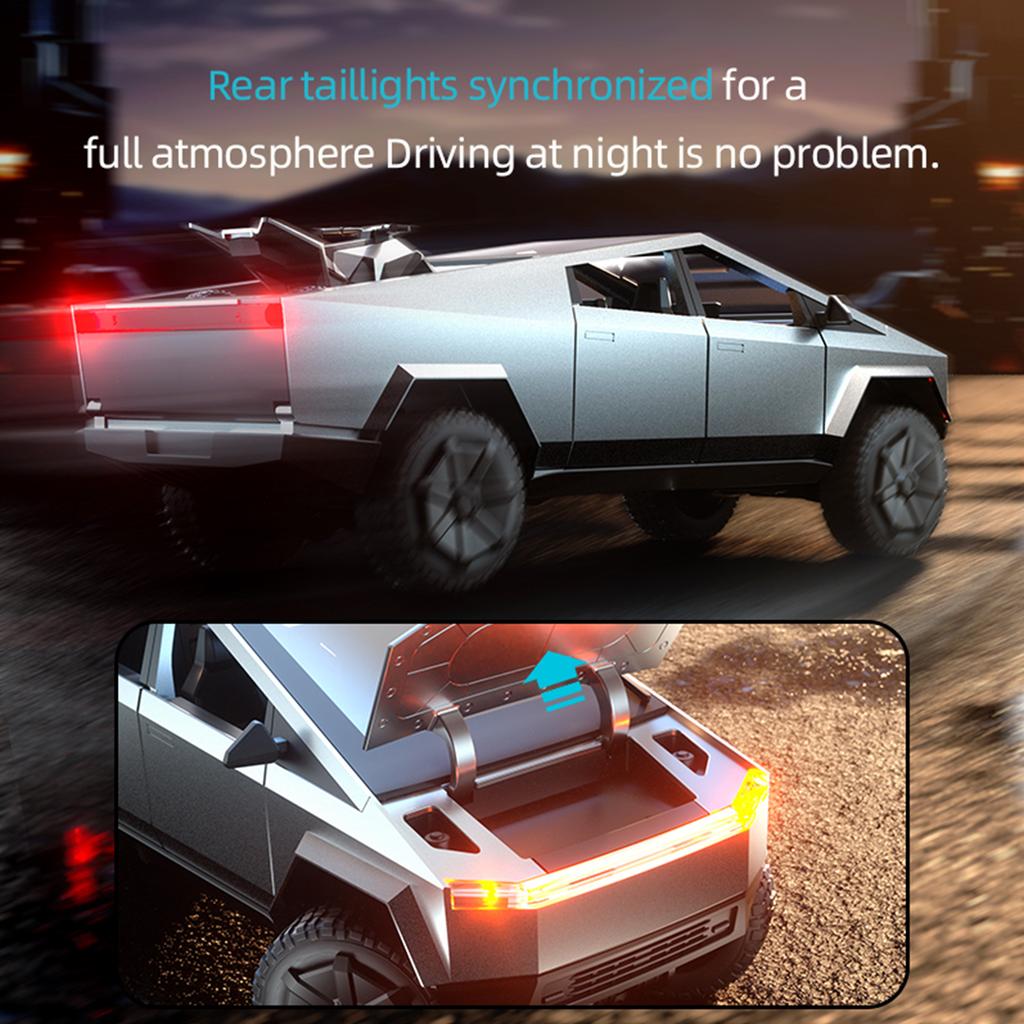 Cyber Truck Toy, 2.4GHz Remote Control Alloy Vehicle with Motorcycle and LED Lights, Model Pickup Tr