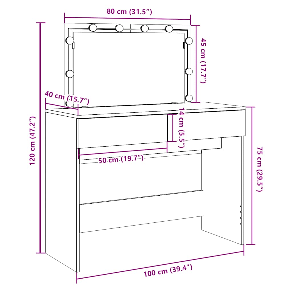 Makeup Vanity Table with LED Lighting White 100 X 40 X 120 Cm