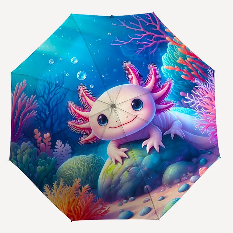1PC Axolotl Ocean Automatic Open/Close Umbrella with Windproof, 8-Rib Sturdy Canopy, Durable Ribs, Fashionable Design, Outdoor Accessory, Fun Prin, Ho