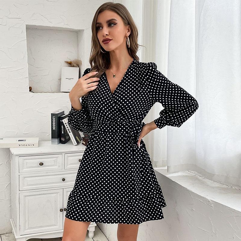 Spring and Autumn Polka Dot Temperament Dress European and American Women s Dress V-neck ruffle edge skirt S чёрный