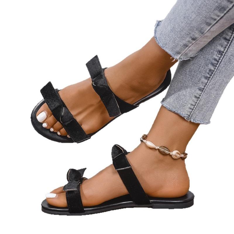 Sheepskin version~ Low-heeled flat-bottomed open-toed one-word with bow cool slippers women's summer niche beach sandals