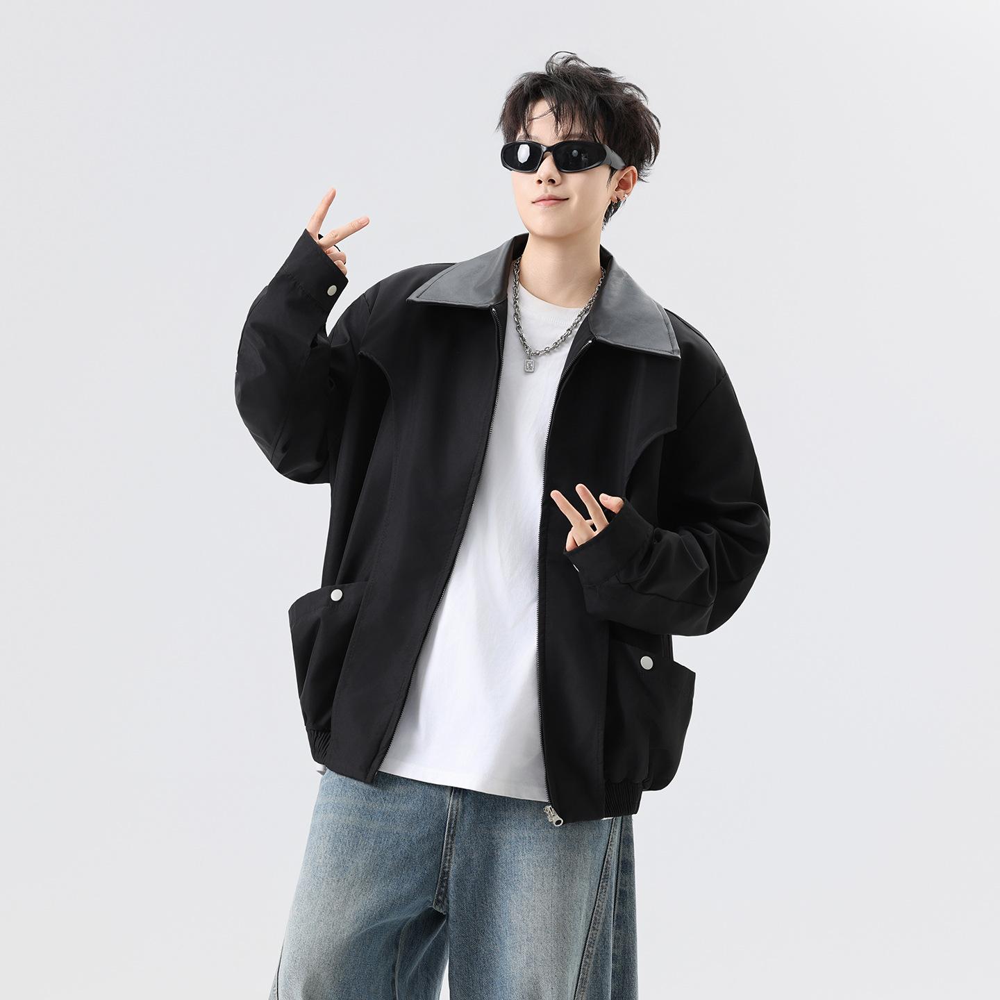 

Japanese retro pu leather splicing lapel jacket men s and women s new spring and autumn tide brand loose tooling jacket M (90-55kg recommended)