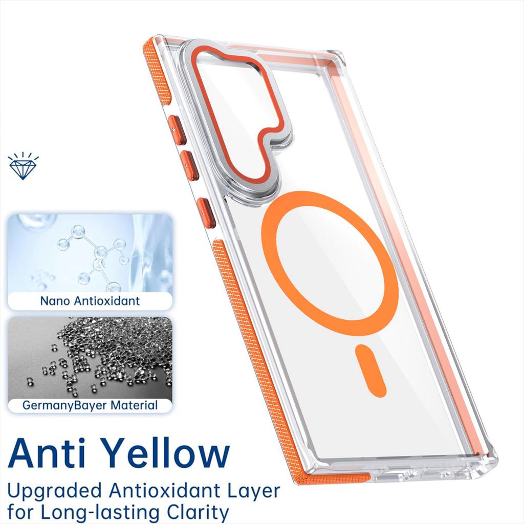 For Samsung Galaxy S24 Ultra Magnetic Case TPU Acrylic Clear Phone Back Cover with Lens Protector Kickstand