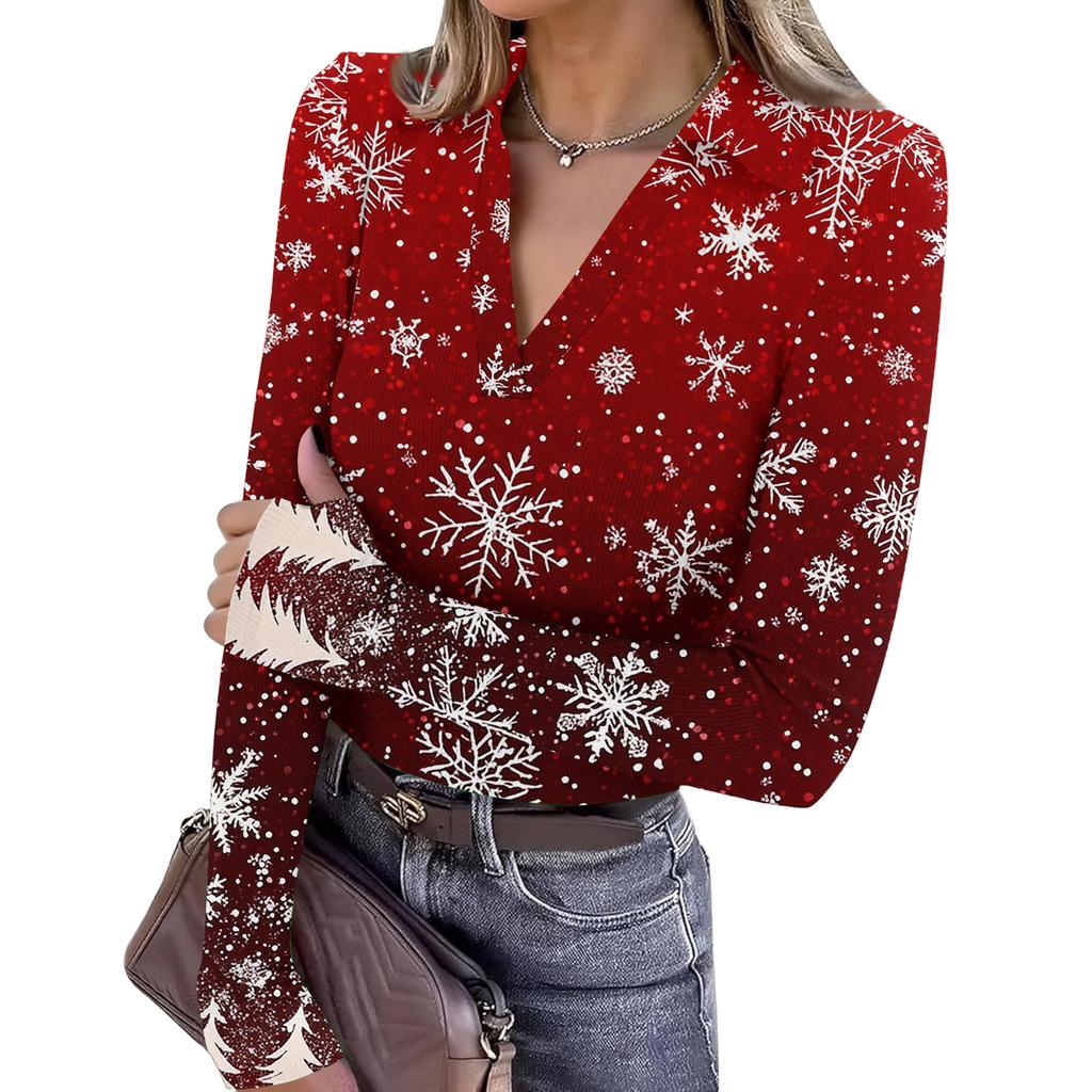 Women's Fashion Casual Christmas Print V-Neck Long Sleeve Button-Down Top