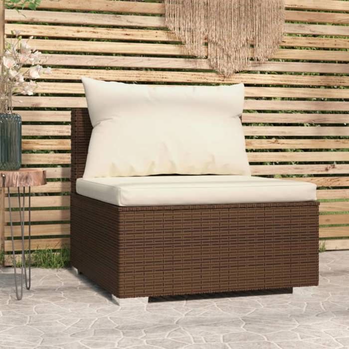VidaXL Canapé central de jardin avec coussins Marron Résine tressée