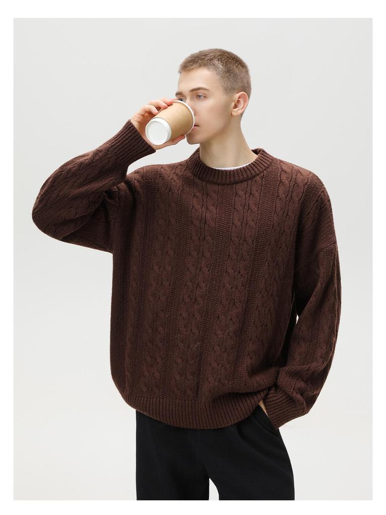 Pánský texturovaný pletený svetr s copánkovým vzorem a kulatým výstřihem - Trendy silný pulovr na podzim/zimu, základní všestranný svršek