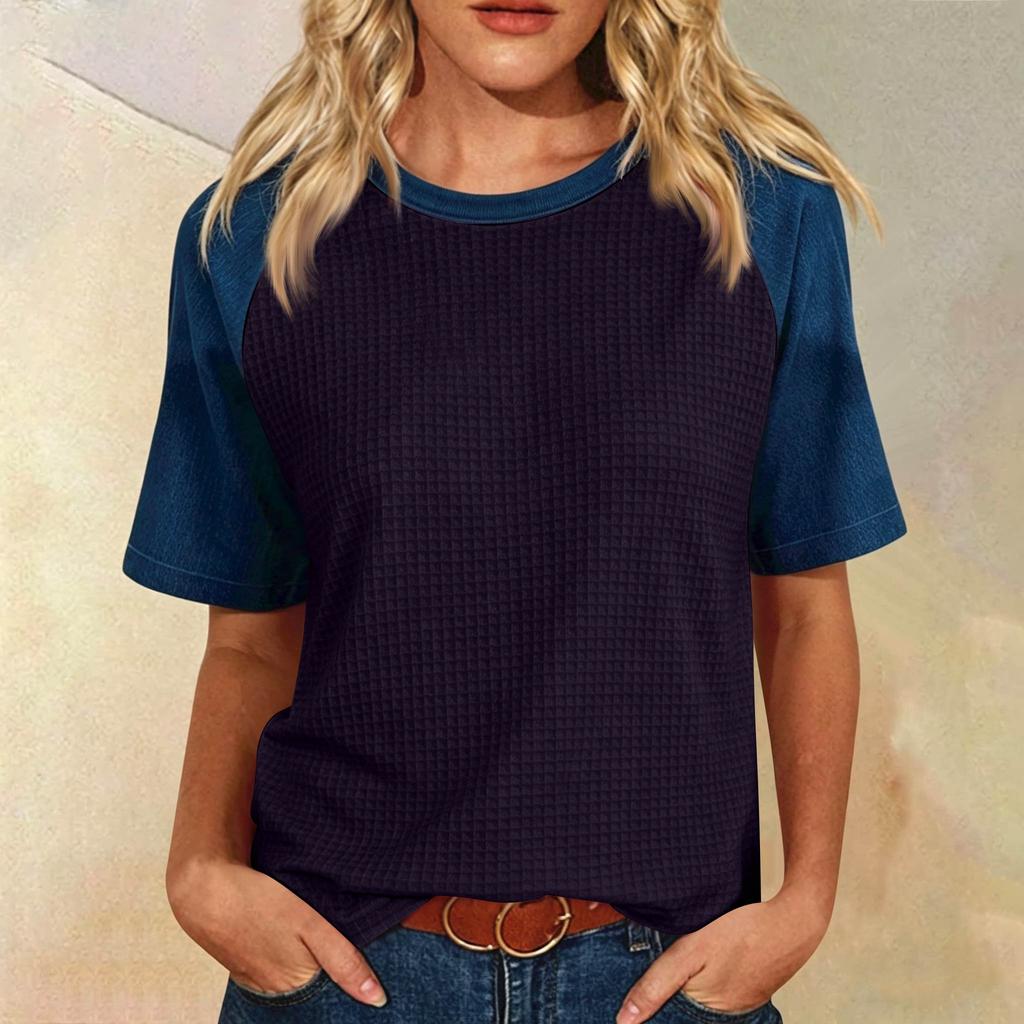 Women’s Casual Vintage Lightweight Plus Size Waffle Knit Raglan Crewneck Top Loose Fit Short Sleeve Pullover Shirt