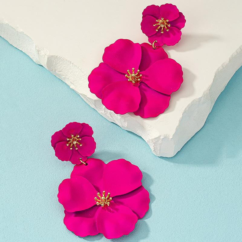 Mori Retro Long Temperament Colorful Flower Spray Paint Multi-Layer Creative Earclip Earrings