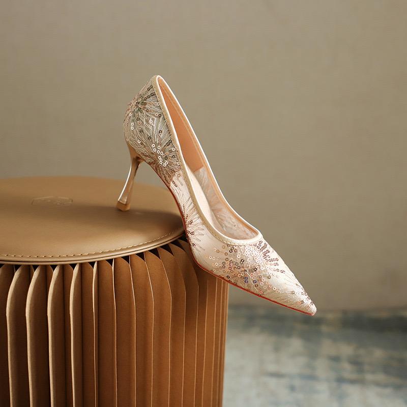 Fashion 2025 New Style Sparkling Mesh High Heels Women's Pointed Shallow Mouth Fine Single order Shoes Versatile Wedding Shoes