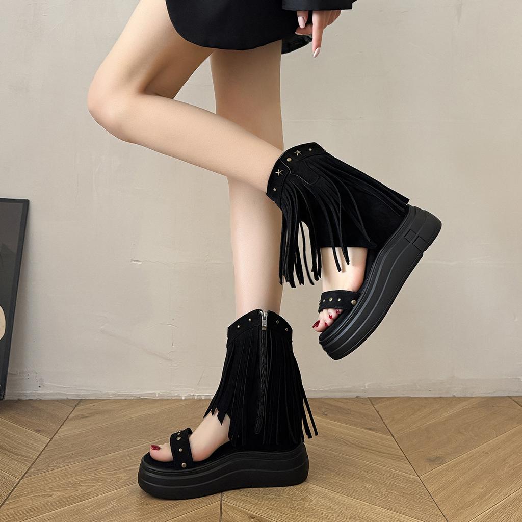 Muffin Thick-soled Fringed Cool Boots 2025 Women's Summer New Roman Sandals Fashion Versatile Toe Beach Sandals Women's New Models