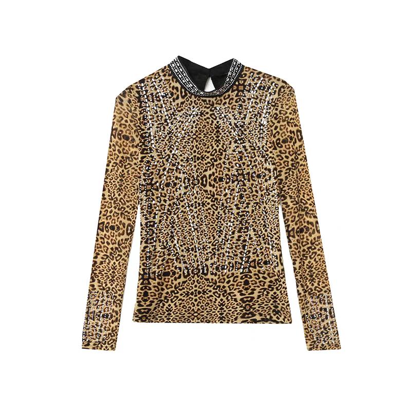 Spring Autumn European Leopard Clothes T-Shirt Elegant Women Stand Neck Shiny Hot Diamonds Tops Fashion Long Sleeve Slim Mesh Tees