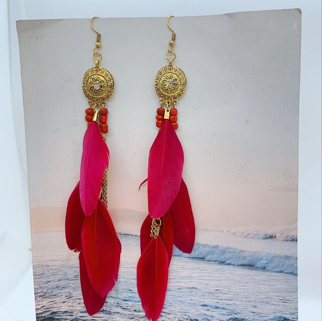 Retro Ethnic Style Feather Earrings Seaside Vacation Accessories Personalized Simple Bohemian Fringed Long Ear Jewelry