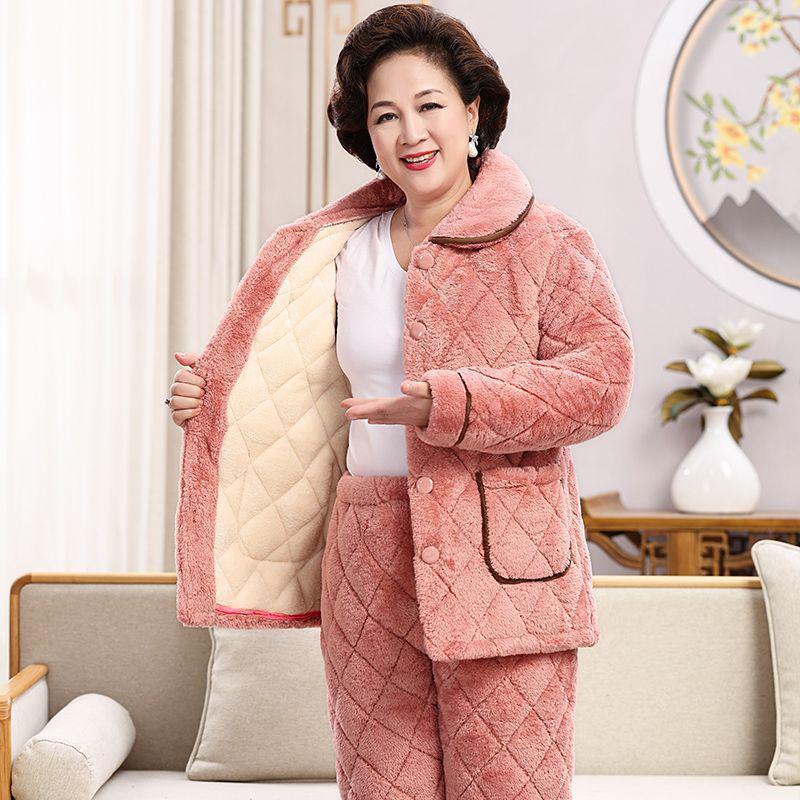 Women's Super Thick Three-Layer Velvet Pajamas - Winter Coral Fleece Quilted Homewear for Adults