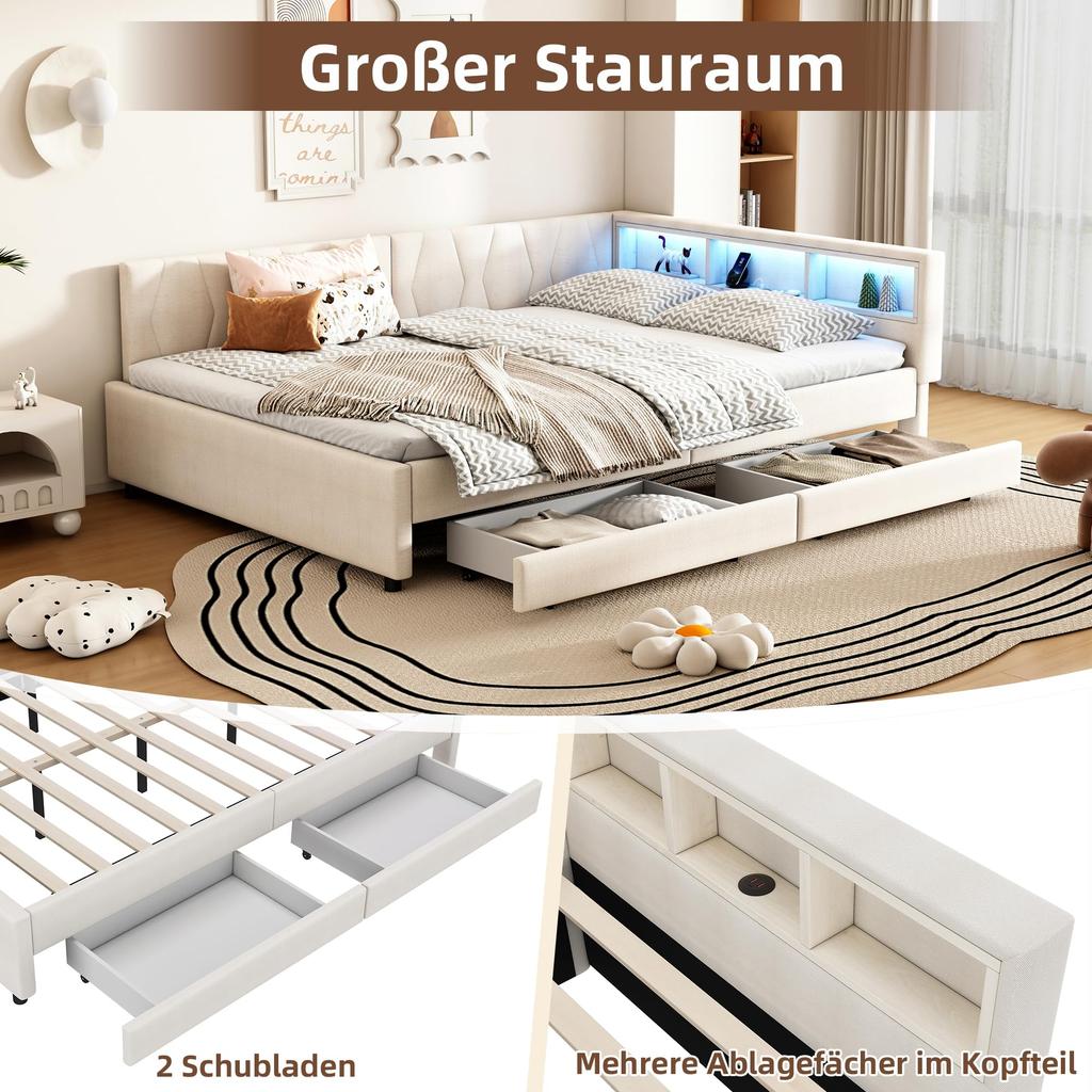 Canapea extensibilă pat de zi 140x200 cm Două sertare LED cu 16 culori USB+Type-C Compartiment de depozitare Somieră (fără saltea) In bej