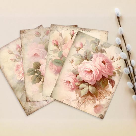 laveliabel Vintage Pink Rose Wall Art Prints Set of 4 Unframed, Floral Wall Decor, Shabby Chic Pink Floral Botanical Poster Prints for Cottagecore