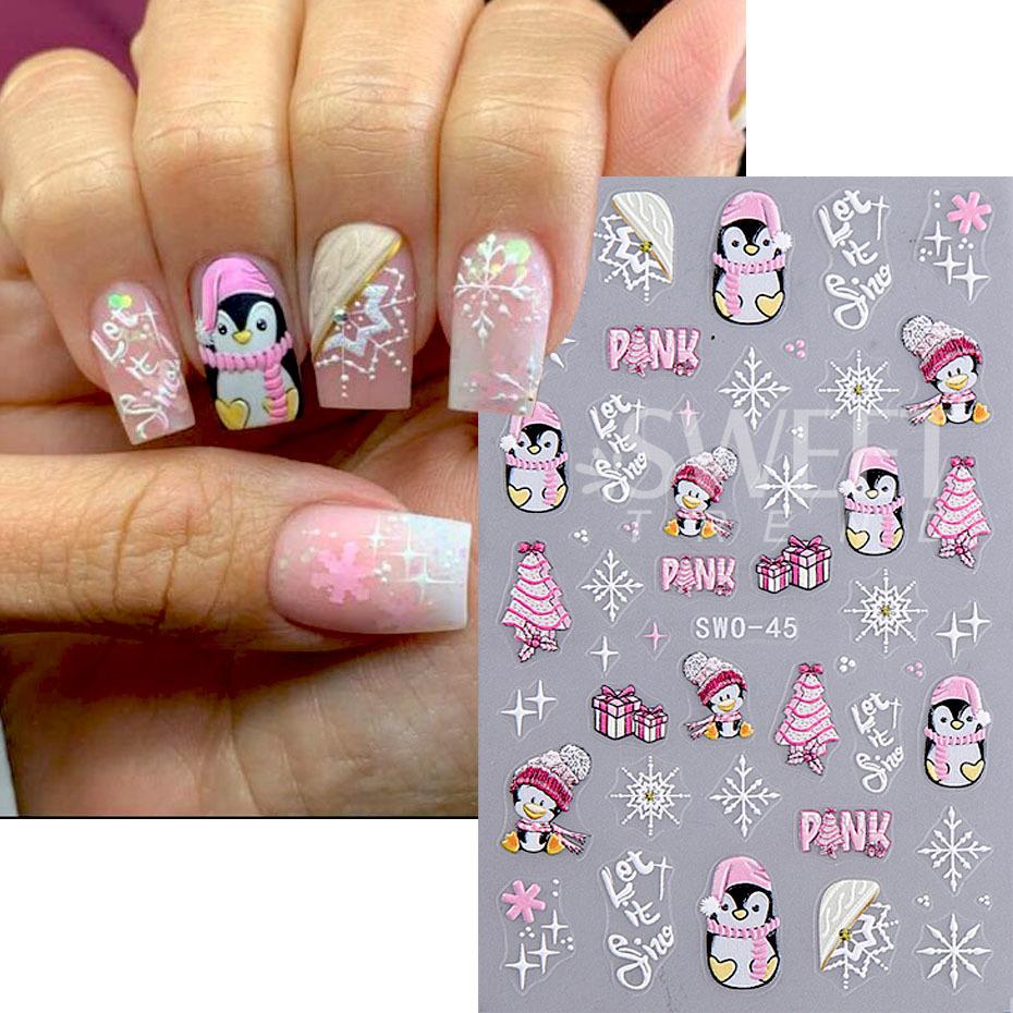 5D Embossed Christmas Nail Stickers Gingerbread Man Snowflake Snowman Penguin Autumn Winter Nail Art Decals Decoration